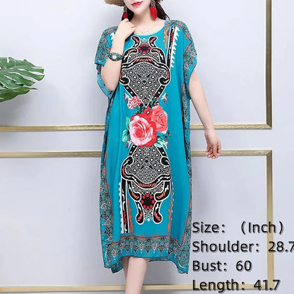 Casual Elegant Bohemian Printed Ethnic Style Retro Floral Woman Summer Street Wear Batwing Sleeve Loose Tunic Maternity Dress
