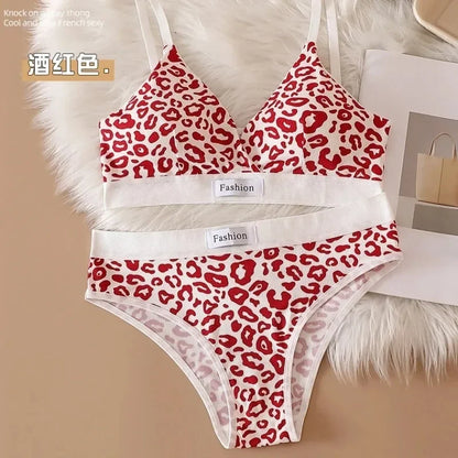 Summer New Women's Leopard Print Traceless and Steel Rim Bra Adjustable Shoulder Strap Back Women's Underwear Set