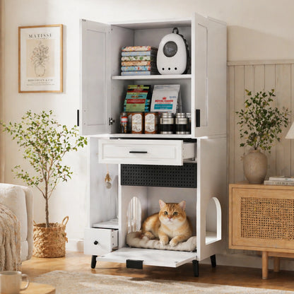 Multifunctional Cat Storage Cabinet with Stable Construction, Adjustable Shelves, Drawers, and Cat Bed Area – Cozy Activity Space for Cats, Pet Furniture with Arch Openings