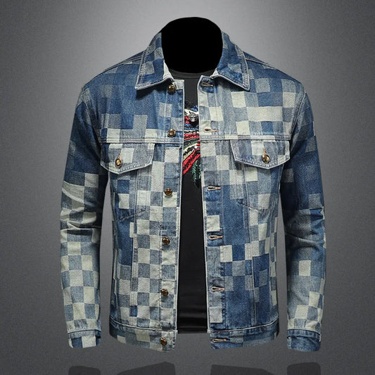2025 Autumn Vintage Checkered Denim Jacket for Men Flip Collar Single Breasted Casual Business Jacket Social Street Wear Jeans