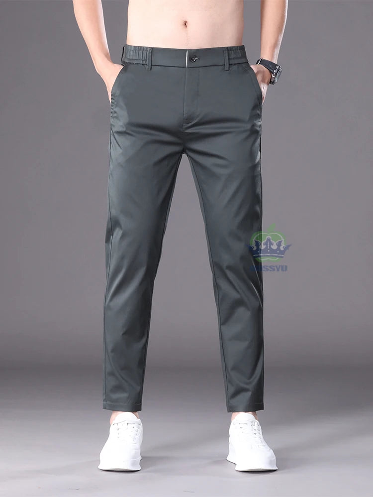 Summer High Quality Cotton Ankle Length Casual Pants Men Business Slim Elastic Waist Jogger Outdoors Korean Work Suit Trousers