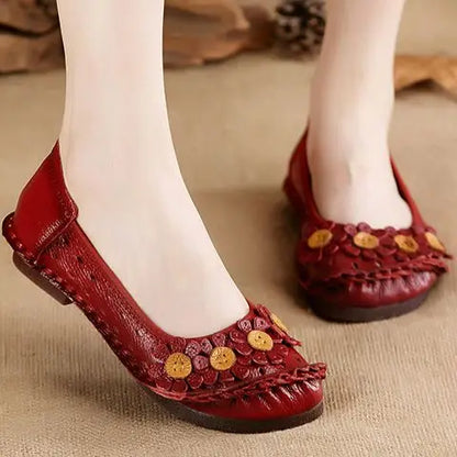 Vintage Flower Moccasins Woman Genuine Leather Ballet Flats Ladies Hollow Slip Ons Women's Luxury Loafer Purple Walking Shoes 42