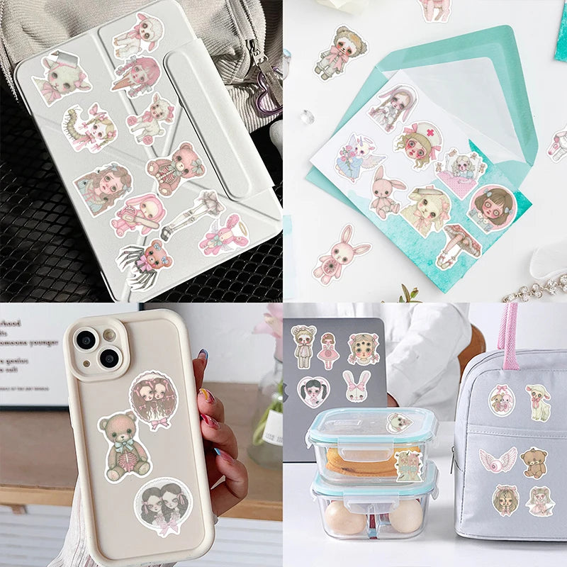 50PCS Pink Creepy Girl Stickers Gothic Horror Decals Bizarre Graffiti Art for DIY Decoration