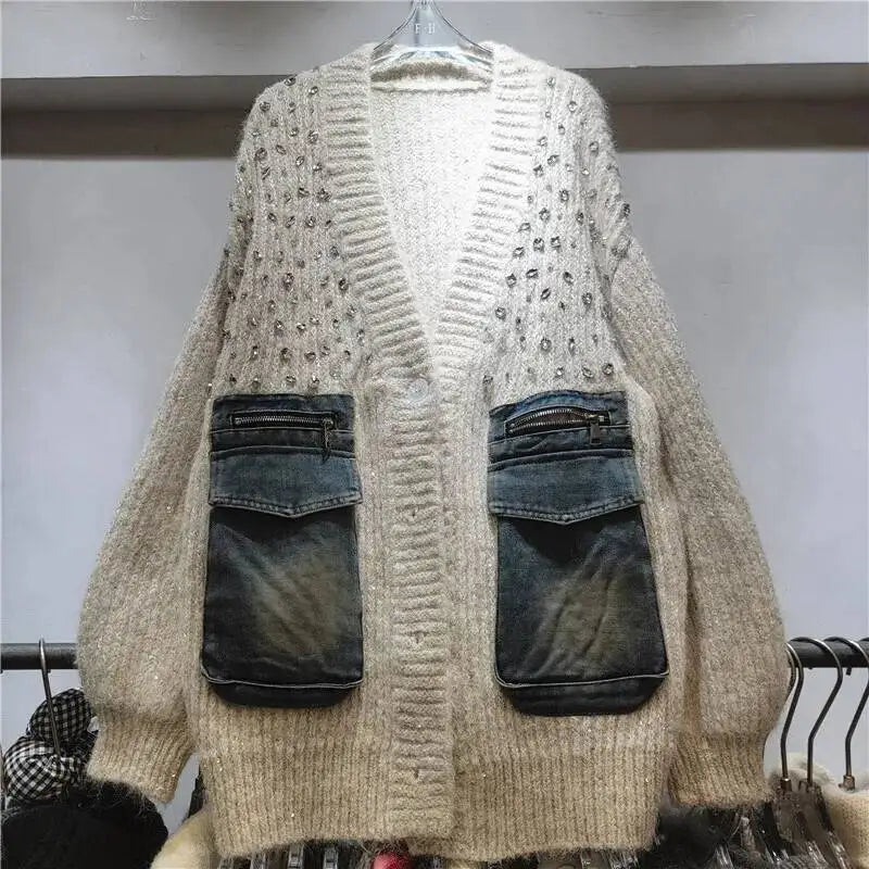 DEAT Women's Cardigan V-neck Patchwork Denim Pockets Diamonds Loose Long Sleeve Knitted Sweaters 2026 New Autumn Fashion 29A3243