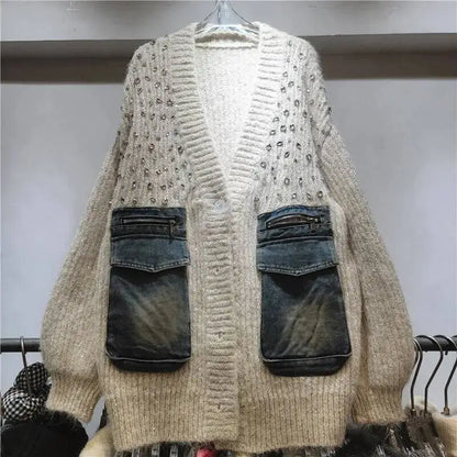 DEAT Women's Cardigan V-neck Patchwork Denim Pockets Diamonds Loose Long Sleeve Knitted Sweaters 2026 New Autumn Fashion 29A3243