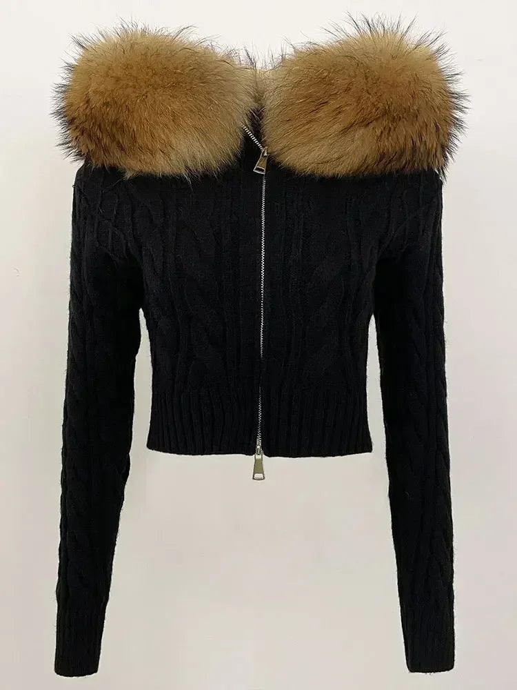 Fashion Natural Fox Fur Collar with Knitted Sweater Women Casual Sweater 2025 New Spring Autumn Slim Fit Elastic Oversized Coat