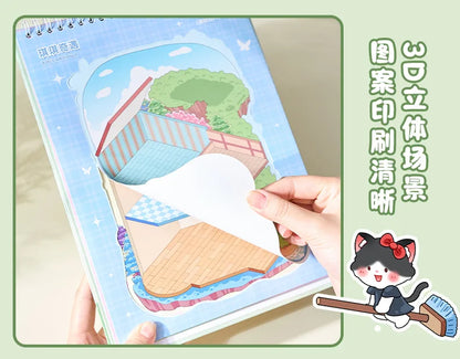 20 Sheets/pack Cute Style Stacked Miniature Scene 3D Cabin Quiet Book Sticker Book Foggy Town Series