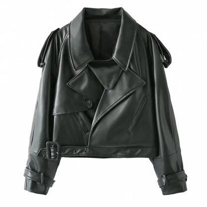 Vintage Lapel Leather Biker Jacket Women Bomber Jacket Short Coat Streetwear Zip Long Sleeve Windproof Outerwear Black Wine Red