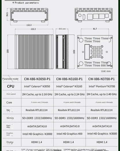6W Low Power Intel N3050/N3160 Quad Core Quad Thread X86 Soft Router 2*1000M Lan Port HD-MI Output Metal Case Mini PC