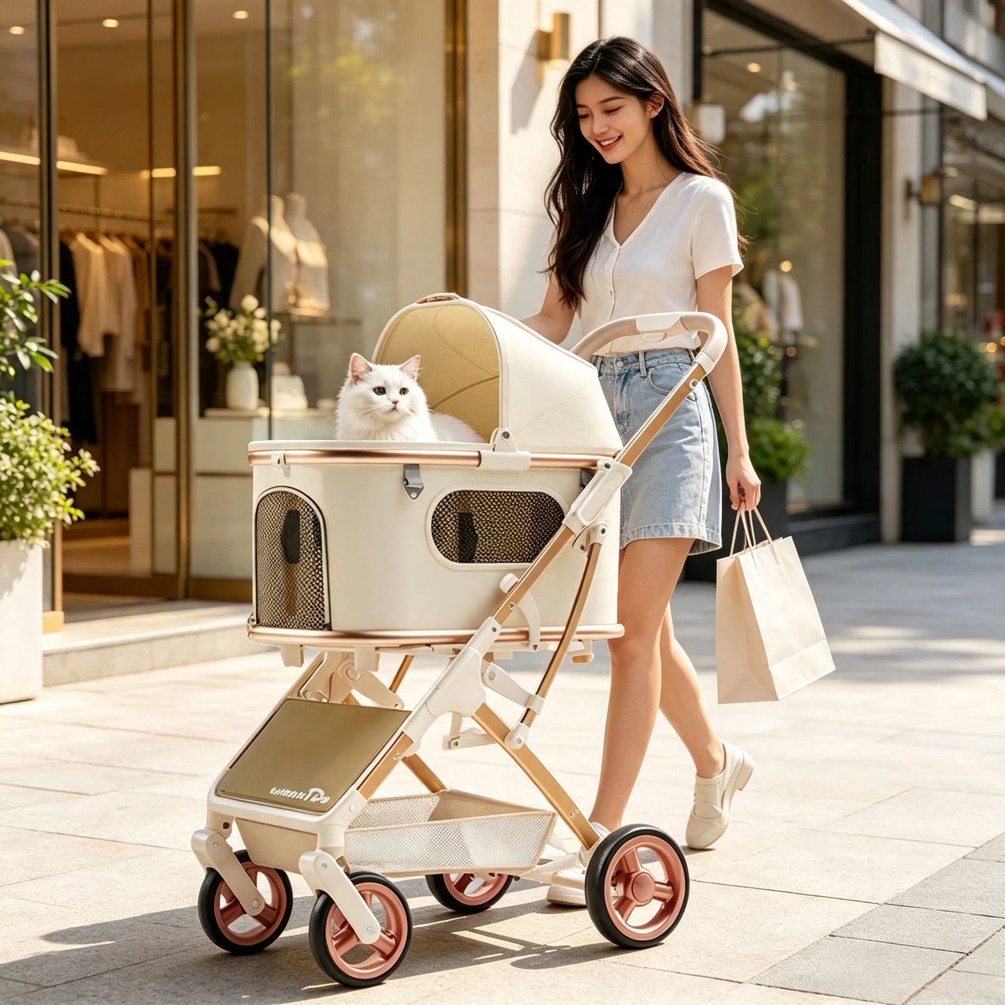 Aluminum Alloy Lightweight Pet Stroller Detachable Carrier One-Click Fold Shock Absorb Dog Cat Outdoor Travel Cart Wholesale