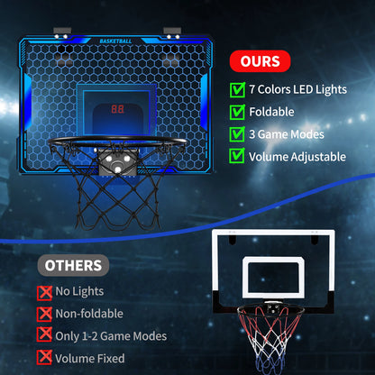 Basketball Hoop Indoor, Mini Basketball Hoop with 7 LED Lighting, Scoreboard, Over Door Basketball Hoop with 3 Modes, Volume Adjustable, Foldable, Basketball Toys for Kids,Birthday Halloween Christmas Gift