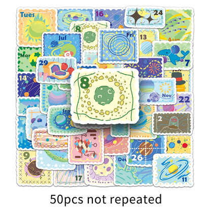 50PCS Cute Stamp Style Space Calendar Stickers Kawaii Planet Journal Decorative Notebook Phone Case Waterproof Stickers Kids Toy