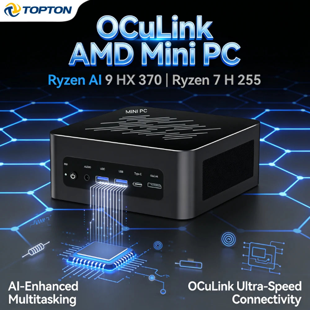 Topton Gaming Mini PC OCuLink AMD Ryzen AI 9 HX 370 AI 7 PRO 360 Ryzen 7 8845HS/7840HS Desktop Small Computer Windows 11 WiFi6E