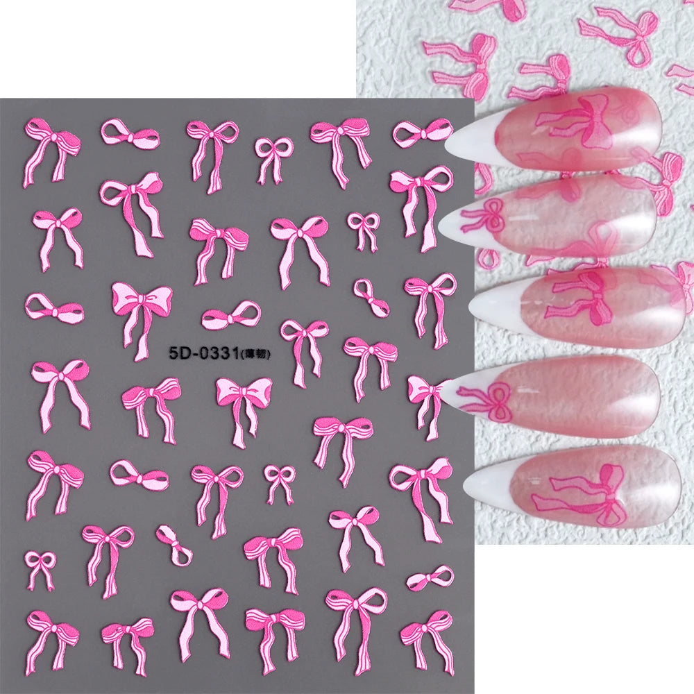 1pcs 5D White Lace Bowknot Nail Art Sticker Sweet Pearl  Bow Ribbon Self-Adhesive Nail Slider DIY Luxury Nail Decorations Decals