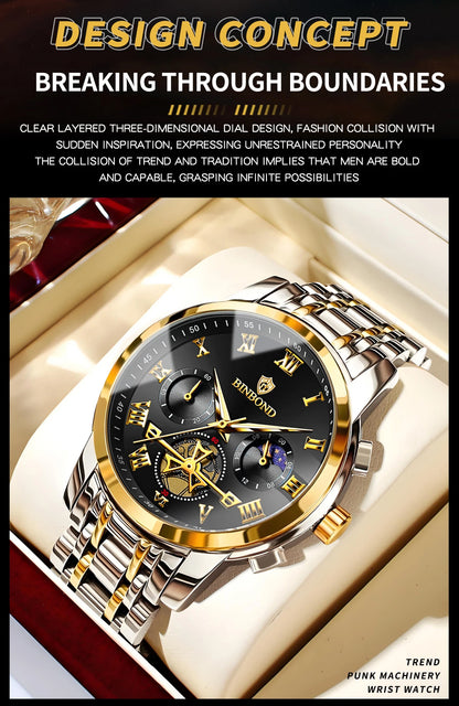 BINBOND Chronograph Men's Watches Accurate Quartz Watch For Men Luxury Luminous Waterproof StopWatch Durable Reloj