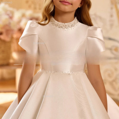 White Wedding Dress for Girls New Satin Princess Party Gown Clothes Children Birthday Host Piano Performance Pageant Costume