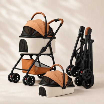 Foldable Pet Stroller Detachable Cabin Large Lower Basket Breathable Mesh Canopy For Cats Small Dogs Portable Travel Carrier