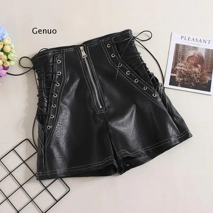 Autumn Women PU Shorts Tie High Waist Shorts Female Casual Black Shorts Ladies All Match Wide leg Shorts Short Pants