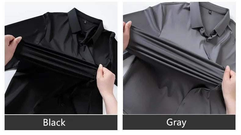 New Design Men's Solid Shirt Long Sleeve Autumn High Elasticity Casual Wrinkle Free No ironing Business Formal White Blue Social
