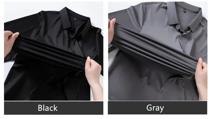New Design Men's Solid Shirt Long Sleeve Autumn High Elasticity Casual Wrinkle Free No ironing Business Formal White Blue Social