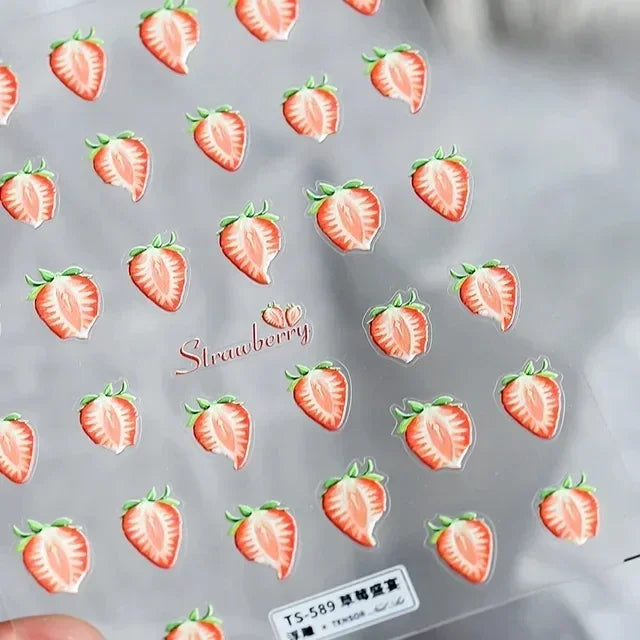 Lovely Red Fruit Strawberry Cherry Bowknot Love Heart Star Silk Ribbon 5D Nail Art Stickers Chic Self Adhesive Manicure Decal