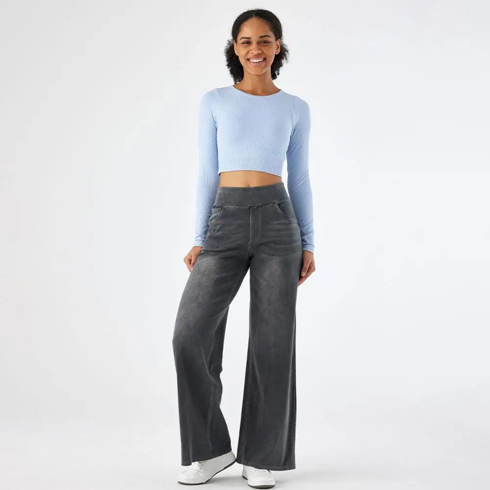Women Jeans With Pockets Elastic High Waist Solid Color Full Length Pants Straight Wide Leg Trousers Sweatpant Daily Commuting