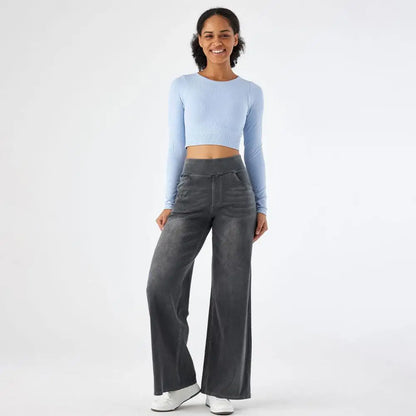Women Jeans With Pockets Elastic High Waist Solid Color Full Length Pants Straight Wide Leg Trousers Sweatpant Daily Commuting