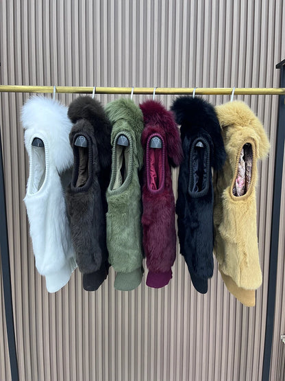 Women's Genuine Real Rabbit Fur Vest Coat Knitting Winter Fox Fur Collar Fur Jacket Casual Short Outwear Slim with Zipper