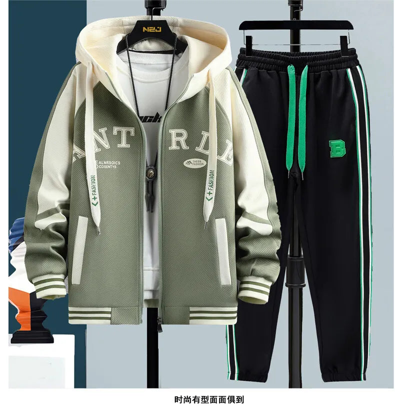 High Quality Running 2 Piece Set Hooded Jacket+Sweatpants Cardigan Long Sleeve Casual Tracksuit Men Sport Brand Clothing Suit