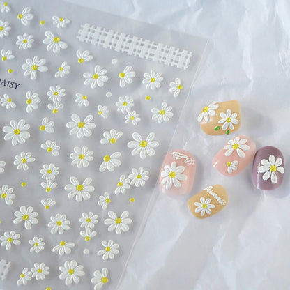2pcs 5D White Daisy Design Nail Art Stickers Embossed Daisy Floret Green Leaf Nail Art Decals DIY Spring Summer Decor Stickers