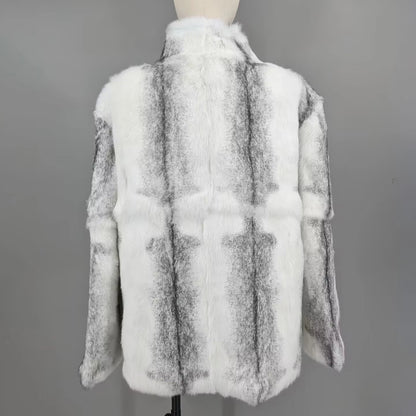 Women Real Rabbit Fur Coat High Collar Winter Jacket Make of One Rabbit Fur Cross Mink Pattern