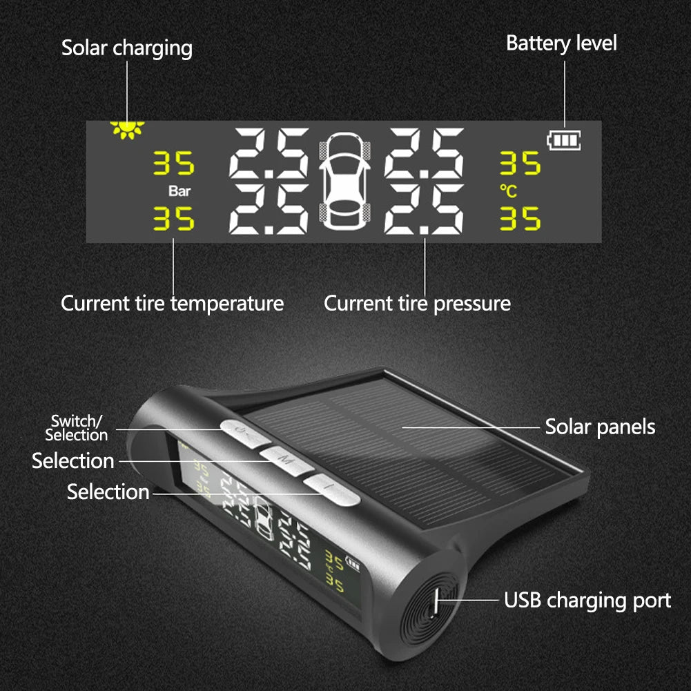 Solar Auto Security Alarm Systems Power TPMS Car Tire Pressure Alarm Monitor System Tyre Pressure Temperature Warning
