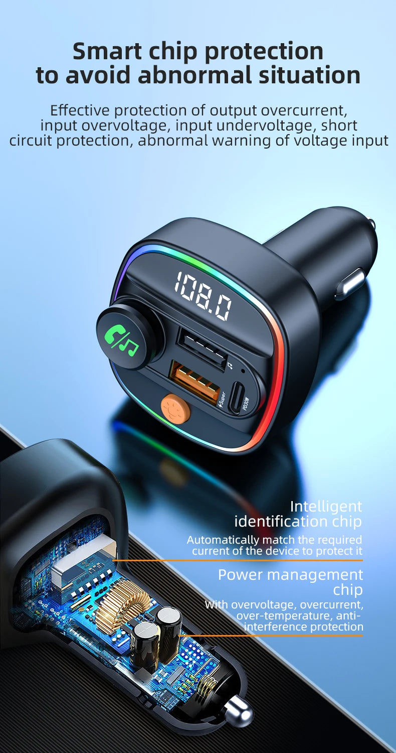 Bluetooth 5.4 FM Transmitter Handsfree Car AUX Radio Modulator MP3 Player with 22.5W & PD30W Fast Charge Adapter Car Accessories