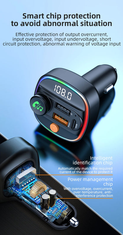 Bluetooth 5.4 FM Transmitter Handsfree Car AUX Radio Modulator MP3 Player with 22.5W & PD30W Fast Charge Adapter Car Accessories