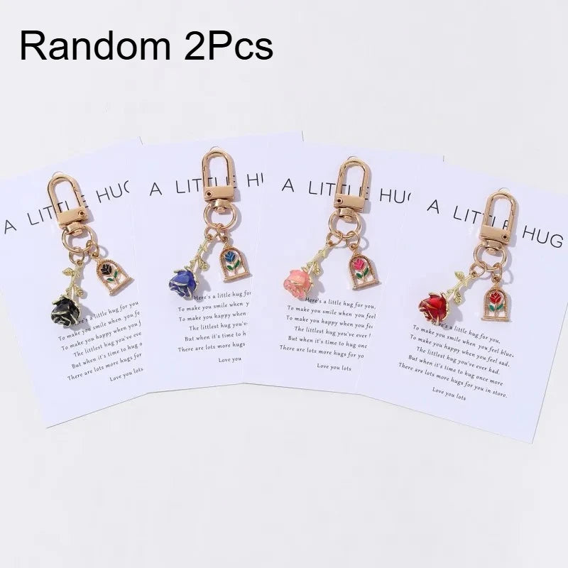 Random 2Pcs Valentine's Day Colored Rose Pendant Enamel Keychain Romantic And Beautiful Style Car Bag Keychain Gift Souvenir