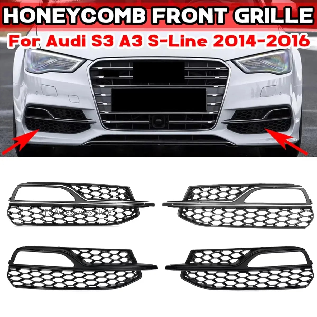 For Audi A3 S-Line S3 2014 2015 2016 Pair Car Front Bumper Fog Light Grille Cover Honeycomb Mesh Fog Lamp Cover Racing Grill