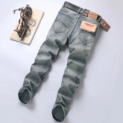 High-end Light Luxury Brand Jeans Men's Retro Slim Fit Straight Versatile Casual Gray Trousers Autumn and Winter Thick Jeans