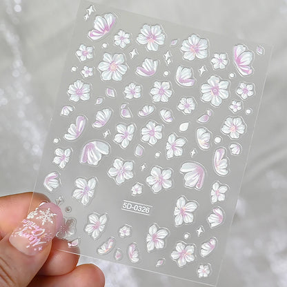 5D Hibiscus Flower Nail Embossed Sticker Acrylic Pink White Gold Petal Leaf Adhesive Decal Butterfly Dragon Floral Elegant Decor