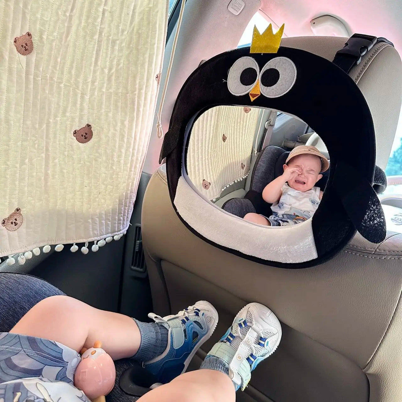 Adjustable Baby Car Rearview Mirror with Cartoon Plush Toy Multifunctional Safety Seat Interior Decoration for Cars