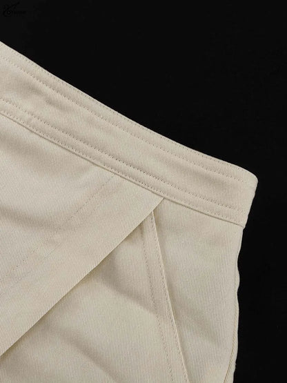 Oymimi Fashion Beige 2 Piece Sets Woman Outfit Elegant Lapel Short Sleeve Pockets Side Slit Shirts And High Waisted Shorts Sets