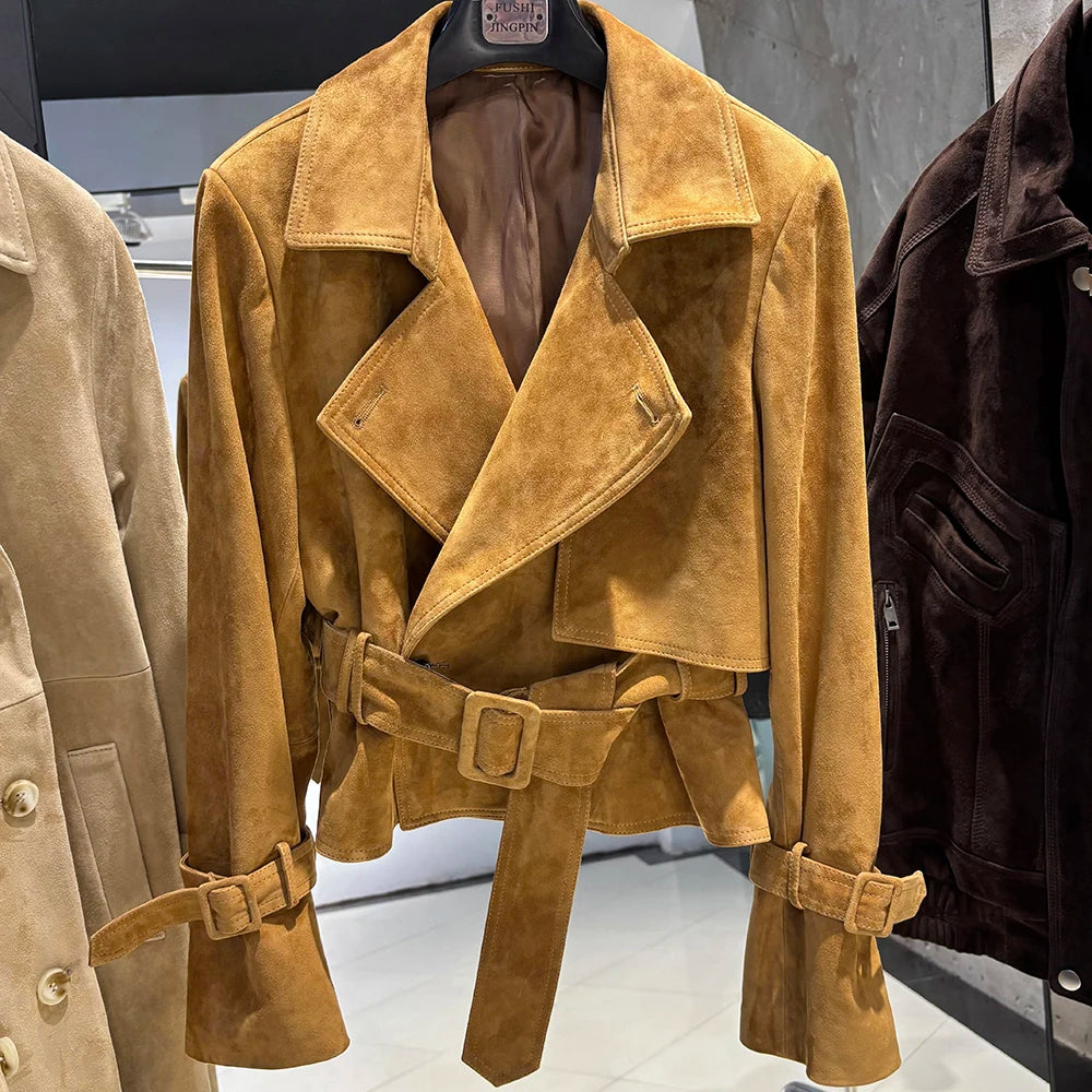 YOLOAgain 2025 Autumn Elegant Real Leather Jacket Coat Women Oversized Leather Jacket With Belt