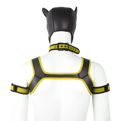 Large Size Puppy Cosplay Neoprene Fetish Hood Mask Kit with Chest Strap Collar Armband Sex Costumes for Bdsm Slave Role Play