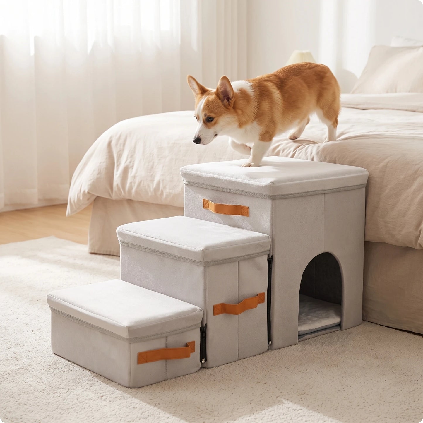 Pet Stairs with House Portable Pet Stairs with Storage Dog Steps with Storage Sturdy Furniture Cozy for Small Dogs, Sofa, Bed