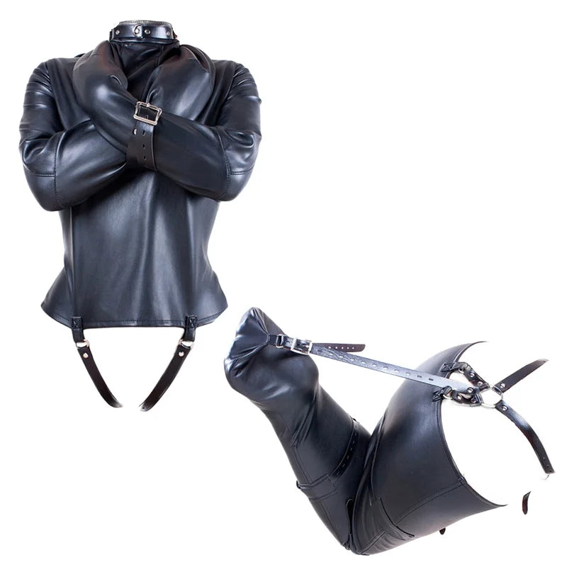 Super Tight PU Leather Mermaid Bondage Kit with Fetish Bodysuit Harness Leg Bag for Couple Cosplay Sex Binder BDSM Clothes