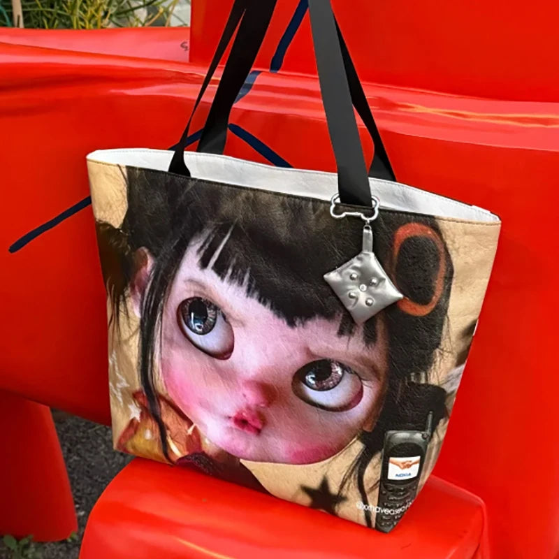 Brand Portrait Print Tote Bag Large Capacity Top-handle Shopper Bag Fashion Pvc Kraft Paper Shoulderbag Waterproof Pouch Storage