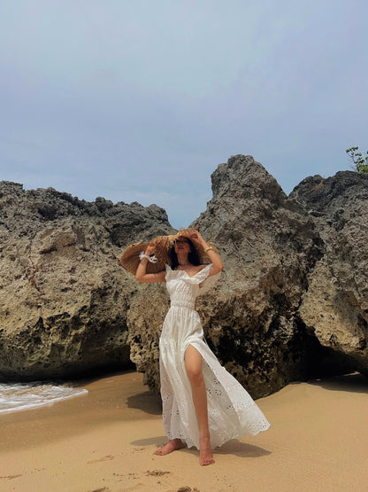 White Embroidered Hollow Out Dress For Women'S Summer Strapless Square Neck With A Unique Open Back Design, Slim Fit Long Skirt