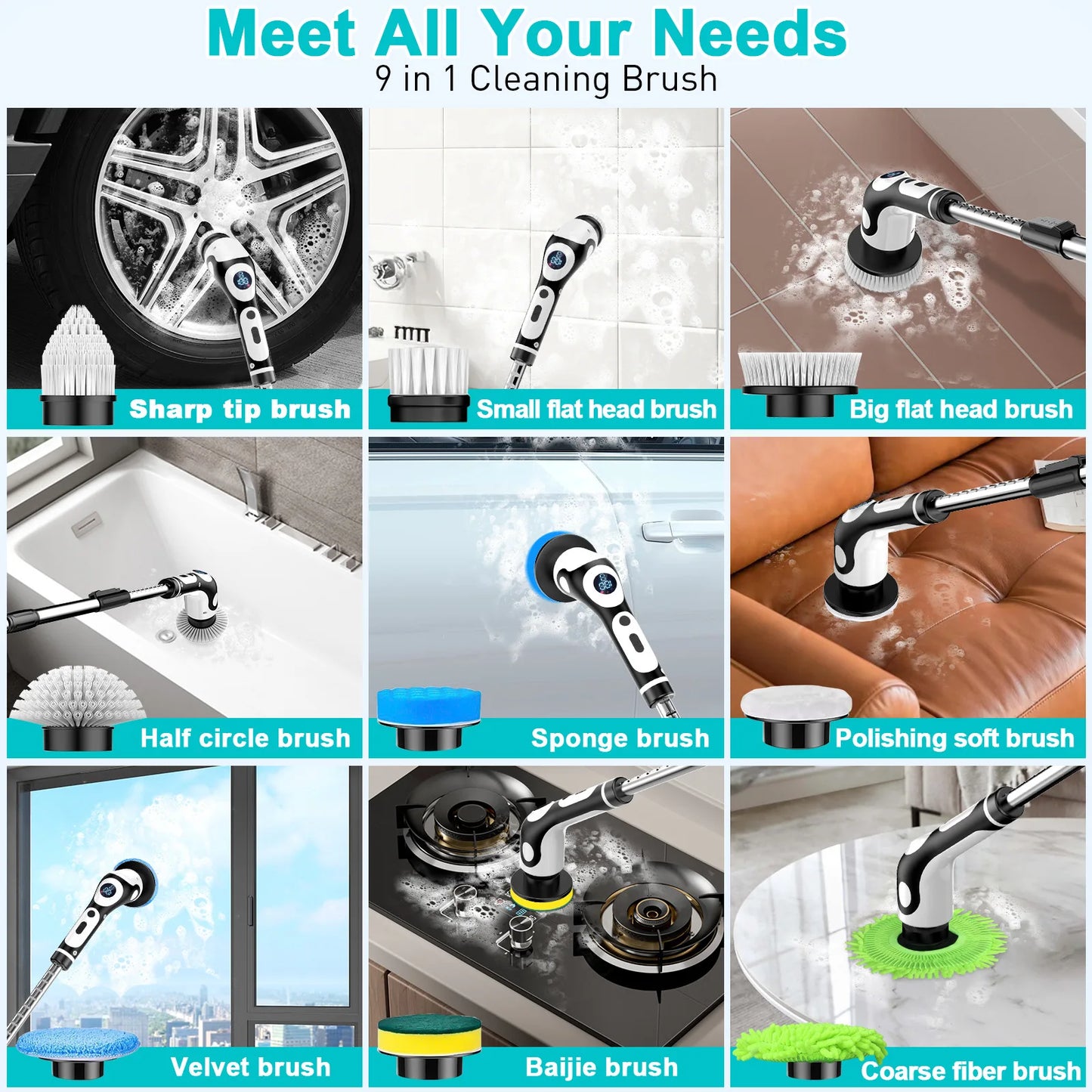 HOMEFISH Multifunctional Electric Cleaning Brush Voice Rechargeable Smart Rotary Cleaning Brush Kitchen Cleaning Brush