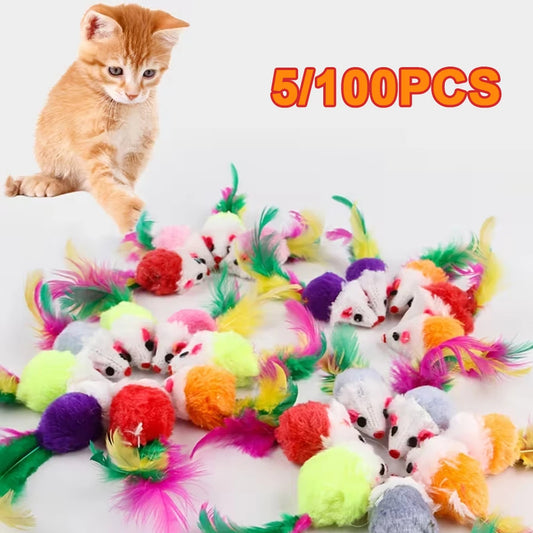Cute Mini Fleece False Mouse Cat Toys Colorful Feather Funny Interactive Play Training Toys for Kittens Cats Pet Supplies