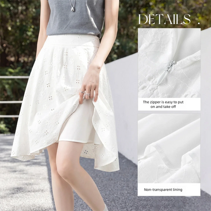 SENTUBILA Women's White Cotton Summer Skirt 2026 Woman Fashion Hollow Embroidery A-Line Short Skirt Female Clothes Q62QG7173
