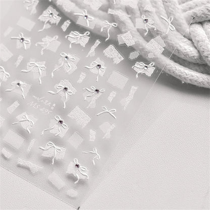 1pcs 5D Diamond Japanese White Lace Bow Nail Art Stickers Pearl Rhinestones Nail Decoration Adhesive Decals Slider DIY Accessory